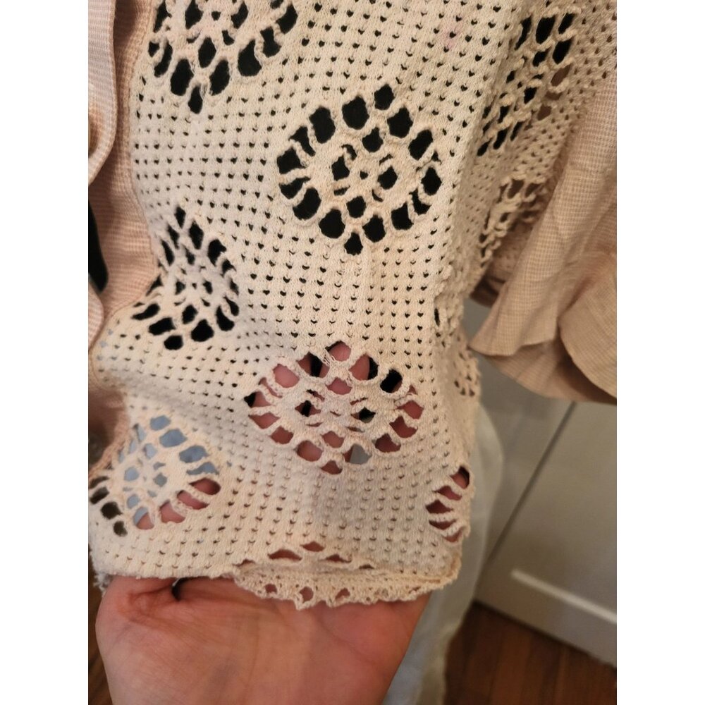 Vtg 90's Pink White Gingham Crochet Cropped Button Up 16 Cottage Fairy Coquette - Picture 5 of 9